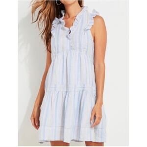 Vineyard Vines Tiered Ruffled Linen V-neck Blue Striped Dress Size XL EUC